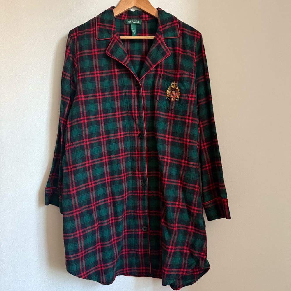 Lauren Ralph Lauren 100 % Cotton Long Loungewear Sleep Shirt Flannel Plaid XL